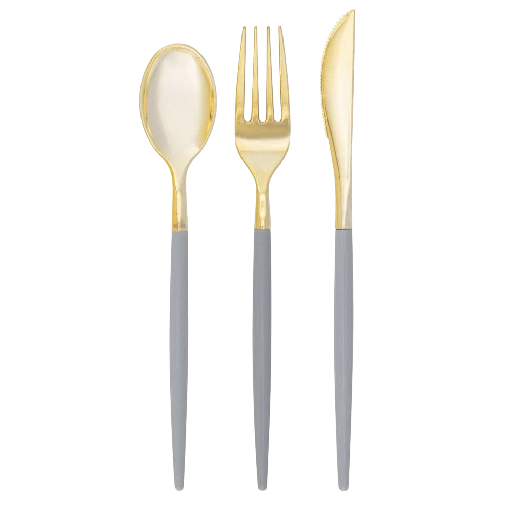 PACK OF 32 REUSABLE GREY & GOLD CUTLERY SET - 16 FORKS, 8 SPOONS, 8 KNIVES 