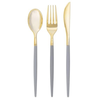 PACK OF 32 REUSABLE GREY & GOLD CUTLERY SET - 16 FORKS, 8 SPOONS, 8 KNIVES 