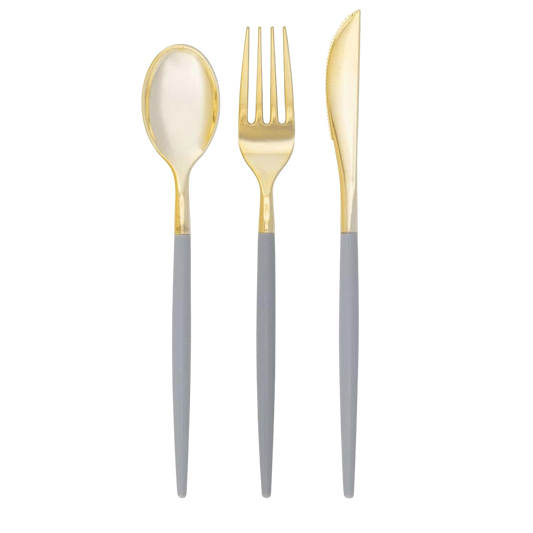 PACK OF 32 REUSABLE GREY & GOLD CUTLERY SET - 16 FORKS, 8 SPOONS, 8 KNIVES 