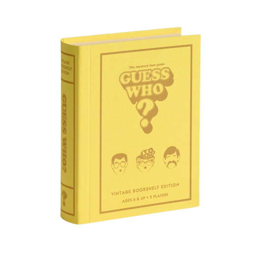Guess Who? Vintage Bookshelf Edition in a yellow fabric-wrapped book style, ideal for display and game night. Sold in Toronto at Confetti My Party and ships Canada-wide and USA.