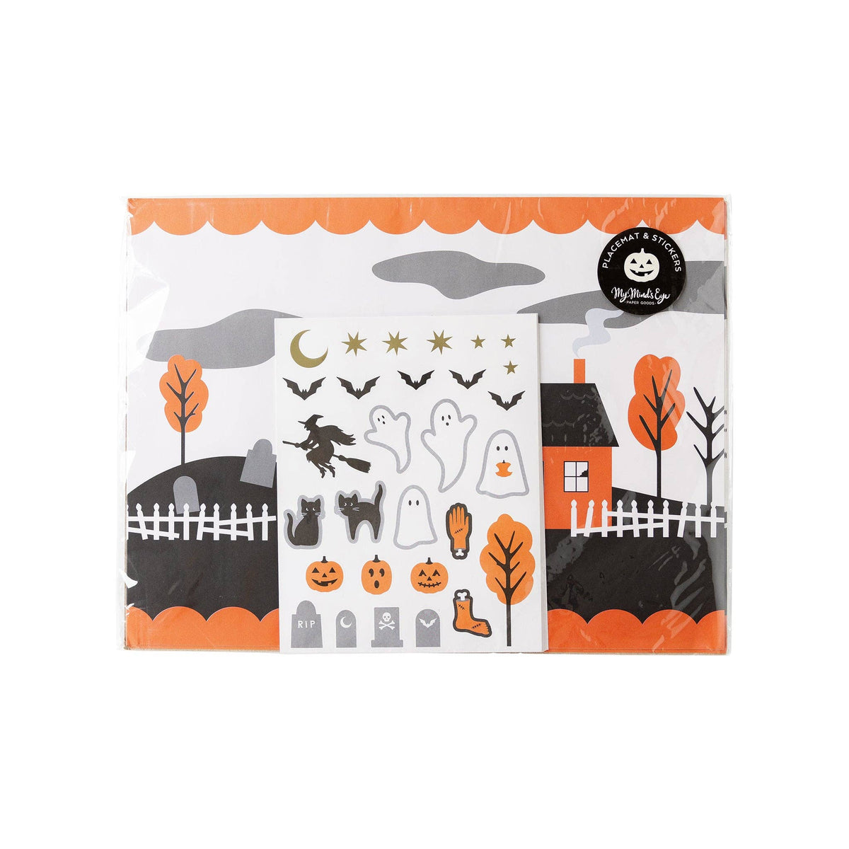 Halloween activity placemats with ghost, pumpkin, bat and witch stickers for kids
