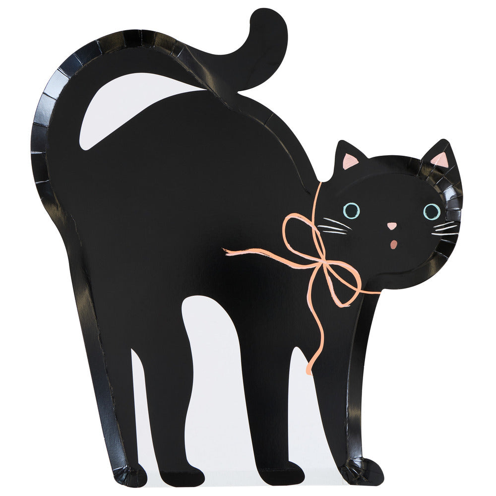 Black cat shaped Halloween paper plates with pink bow, blue eyes and white accent details