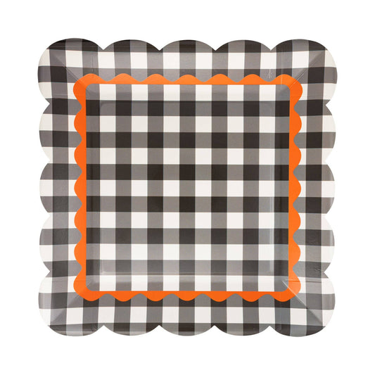Black and cream gingham Halloween paper plates with orange scalloped detail
