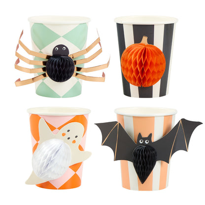 Halloween paper party cups with 3D bat, pumpkin, ghost and spider decorations in colourful patterns