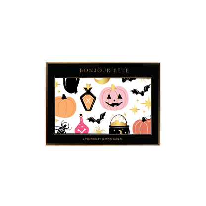 Halloween temporary tattoos with pumpkins, bats, black cats, spiders, potions, moons and gold foil details