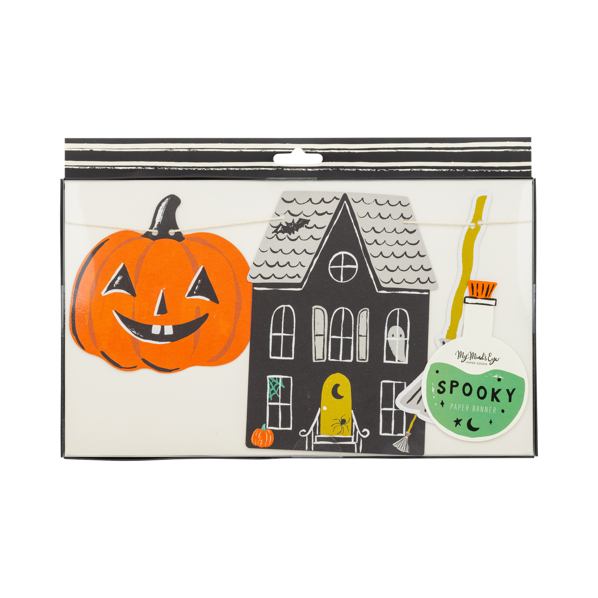 Halloween-themed banner packaging with a pumpkin and haunted house design.