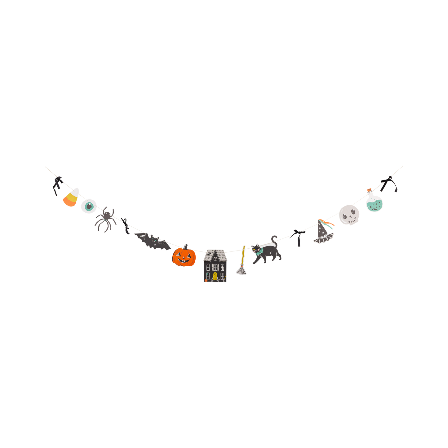 Halloween garland with pumpkin, ghost, bat, spider, black cat, witch and haunted house icons.
