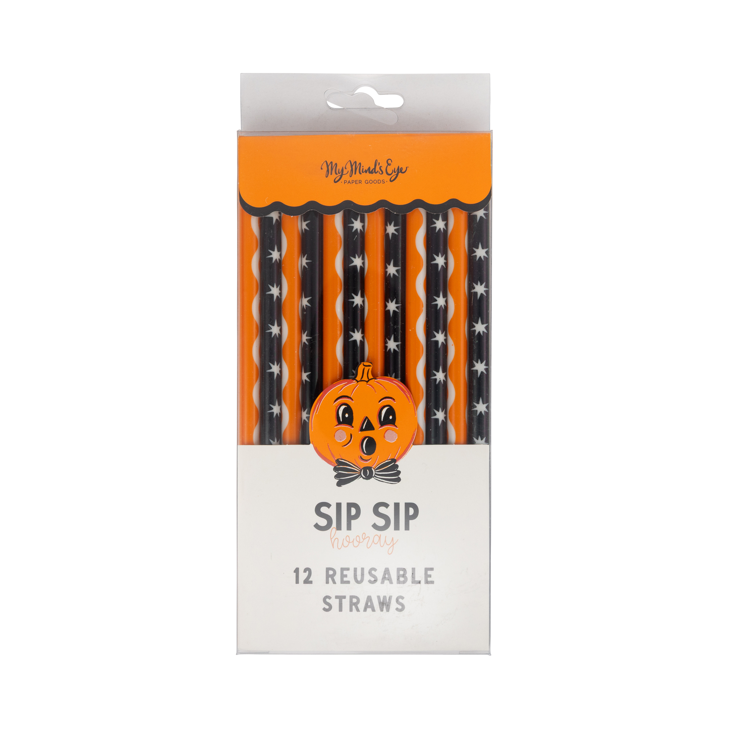 Pack of Halloween-themed reusable straws with a pumpkin design on a white background