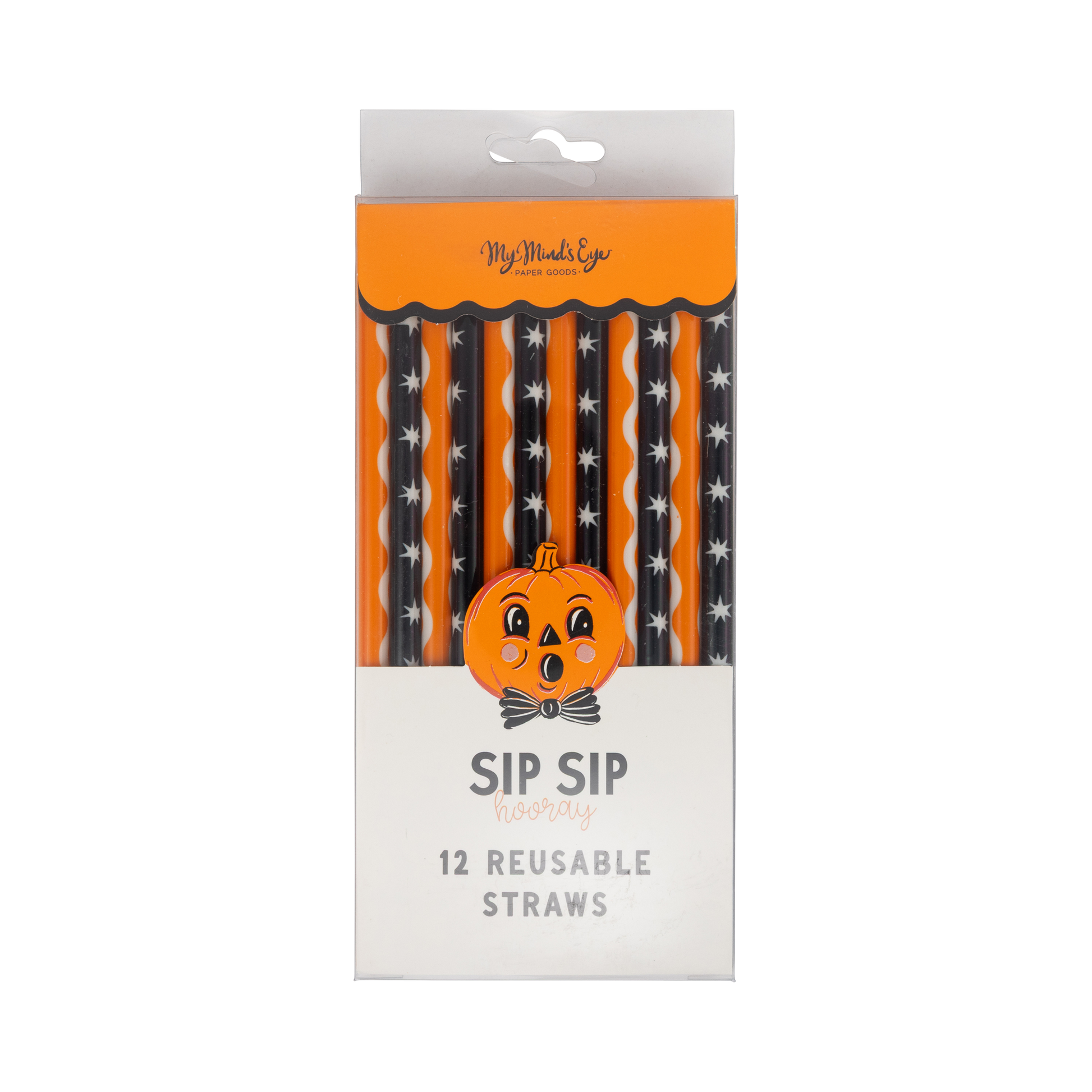 Pack of Halloween-themed reusable straws with a pumpkin design on a white background