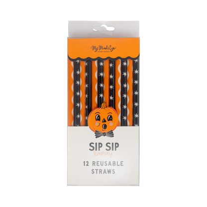 Pack of Halloween-themed reusable straws with a pumpkin design on a white background