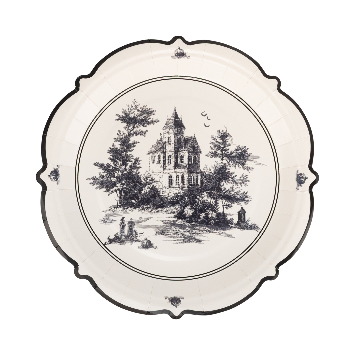 Haunted toile Halloween paper plate with vintage haunted house illustration and black scalloped edge.