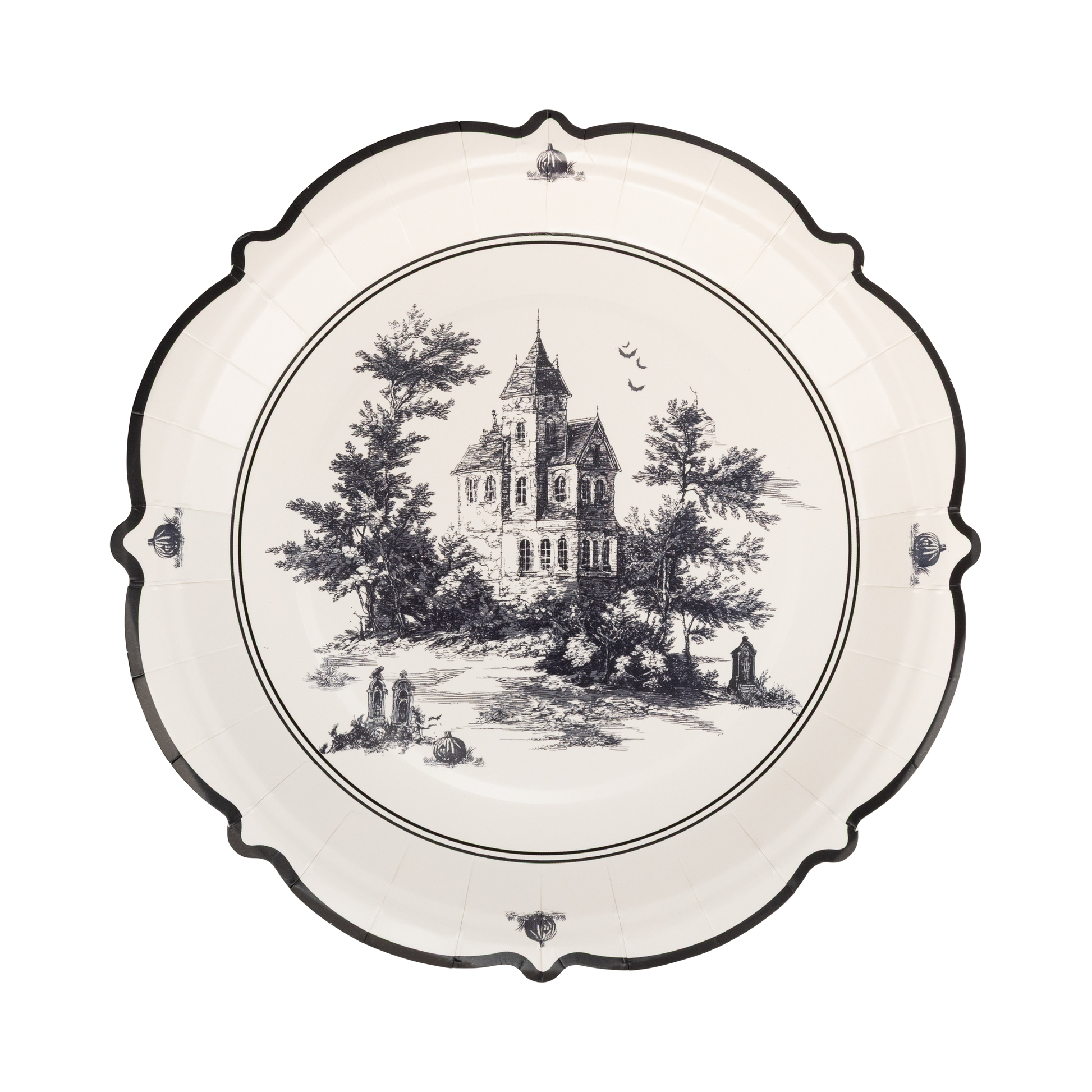 Haunted toile Halloween paper plate with vintage haunted house illustration and black scalloped edge.