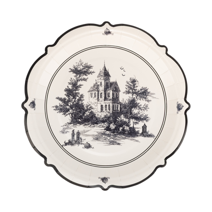 Haunted toile Halloween paper plate with vintage haunted house illustration and black scalloped edge.