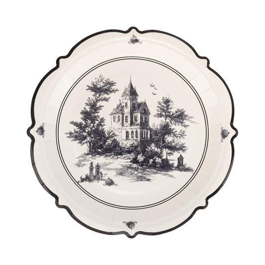 Haunted toile Halloween paper plate with vintage haunted house illustration and black scalloped edge.