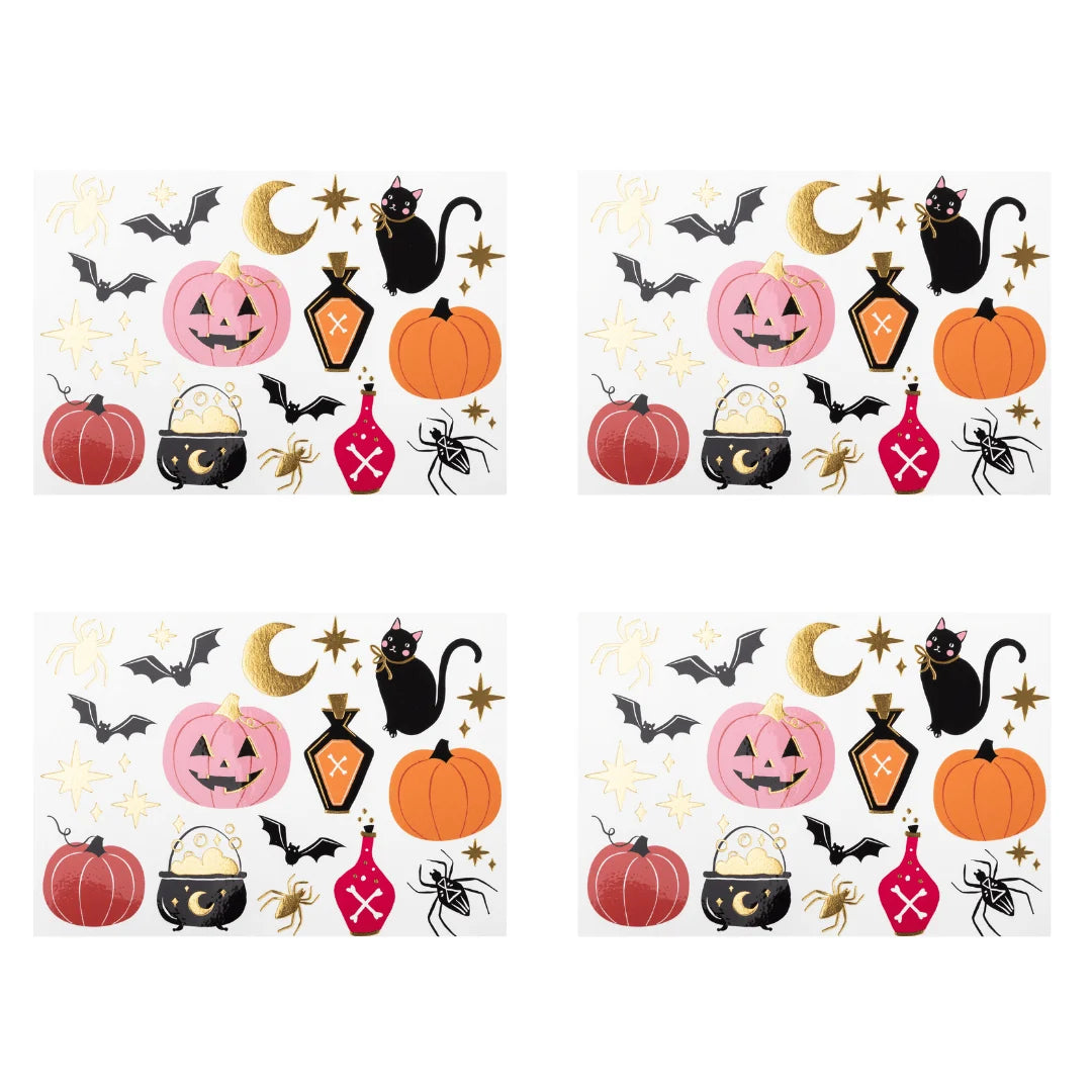 Halloween temporary tattoo set with four sheets of colourful spooky icons including pumpkins, bats, cats and potions