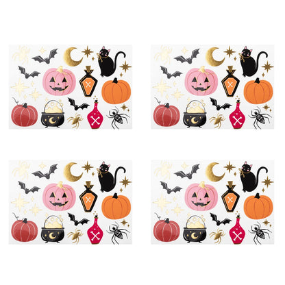 Halloween temporary tattoo set with four sheets of colourful spooky icons including pumpkins, bats, cats and potions
