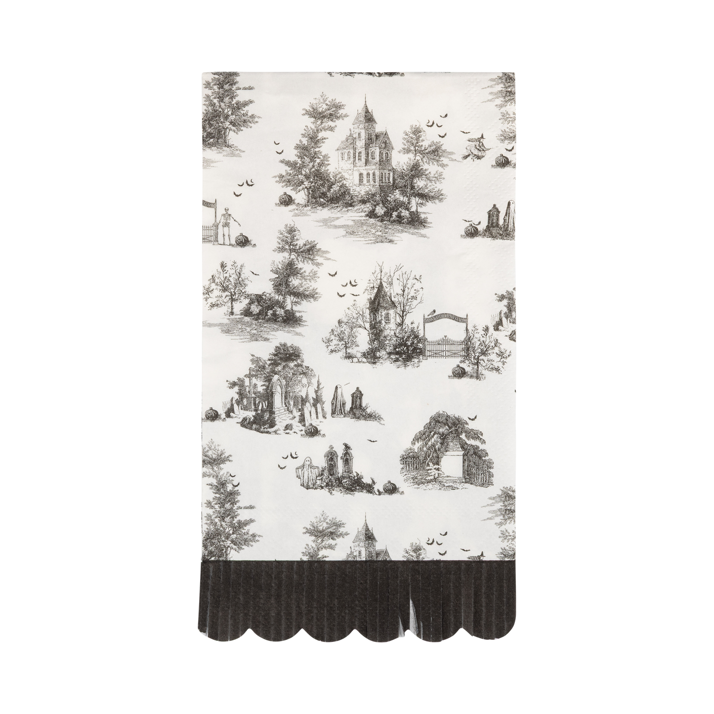 Cream Halloween toile dinner napkins with black haunted house, graveyard and ghost illustrations and scalloped fringe edge.