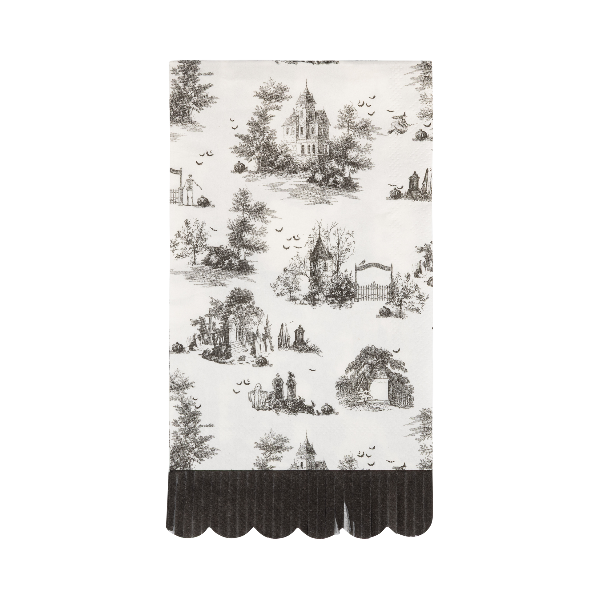 Cream Halloween toile dinner napkins with black haunted house, graveyard and ghost illustrations and scalloped fringe edge.