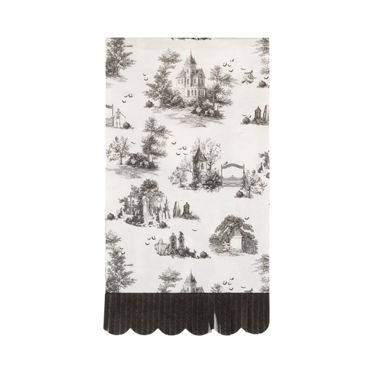 Cream Halloween toile dinner napkins with black haunted house, graveyard and ghost illustrations and scalloped fringe edge.