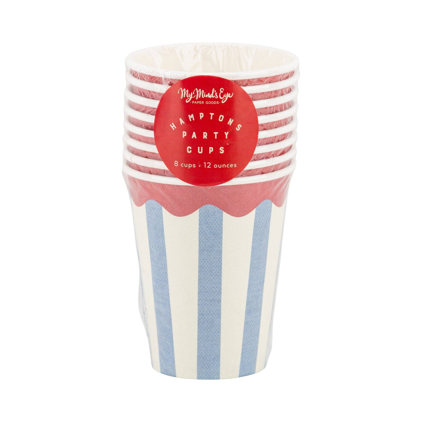 Striped party cups with a red label on a white background