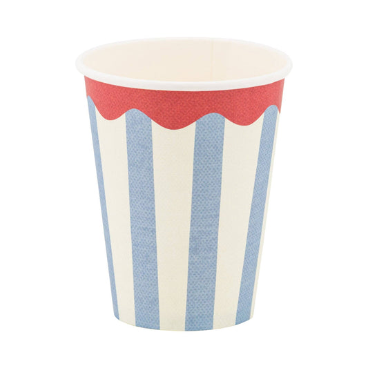 Paper party cups with scalloped trim and navy stripes, perfect for coastal summer parties. Pick up in Toronto and fast shipping Canada wide.