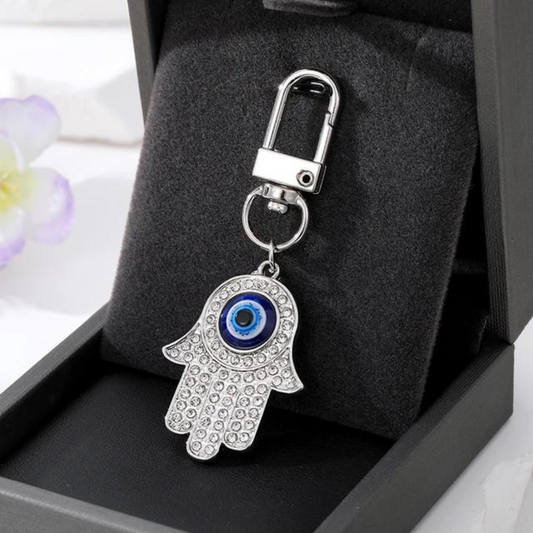 Hamsa evil eye keychain in silver 