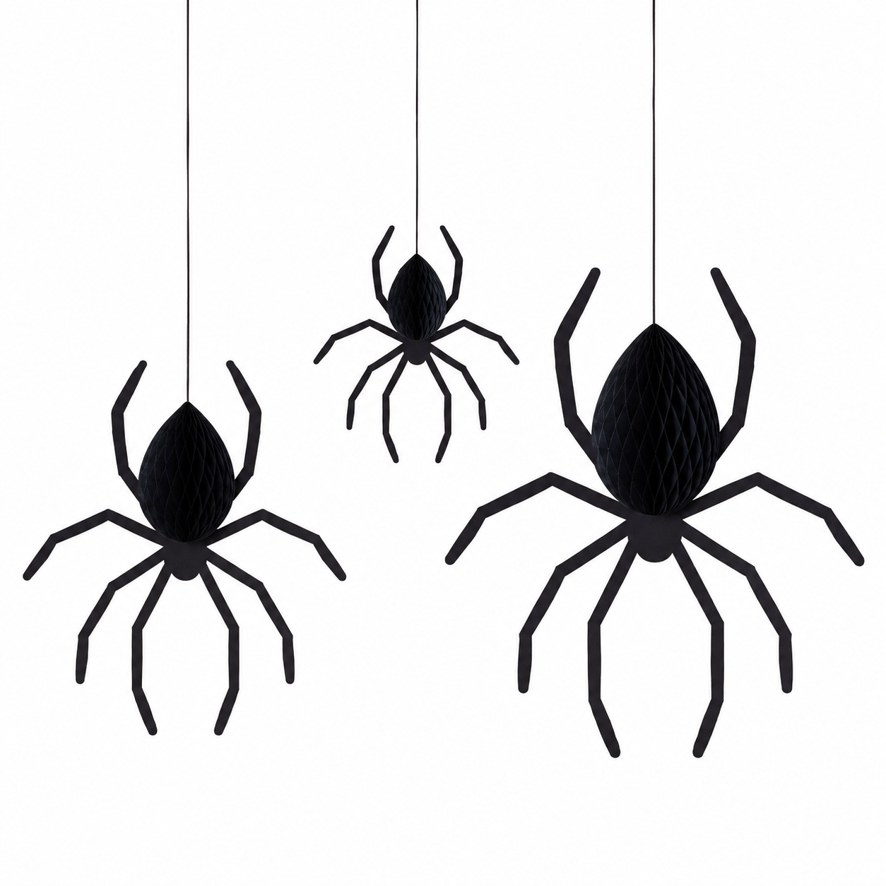 Three black hanging spider decorations made of textured honeycomb material, suspended by thin strings against a plain white background.