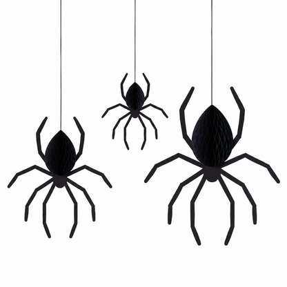 Three black hanging spider decorations made of textured honeycomb material, suspended by thin strings against a plain white background.