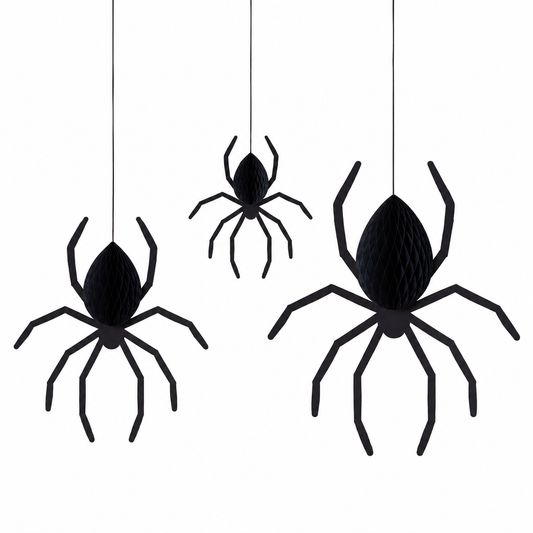 Three black hanging spider decorations made of textured honeycomb material, suspended by thin strings against a plain white background.