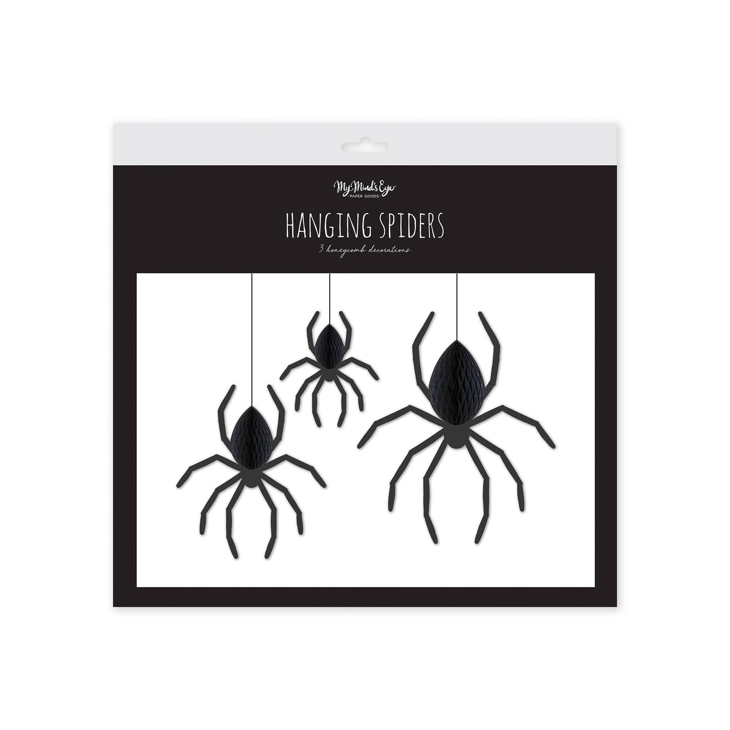 Pack of three black hanging spider decorations packaged.