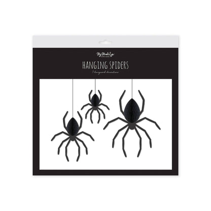 Pack of three black hanging spider decorations packaged.
