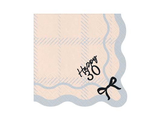 Happy 30 scalloped paper napkin with blue plaid design and black bow, perfect for milestone birthday celebrations, available in Toronto and shipping across Canada.