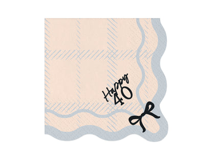 Happy 40 scalloped paper napkin with blue plaid design and black bow, perfect for milestone birthday celebrations, available in Toronto and shipping across Canada.