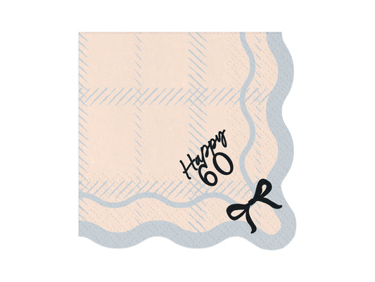 Happy 60 scalloped paper napkin with blue plaid design and black bow, perfect for milestone birthday celebrations, available in Toronto and shipping across Canada.