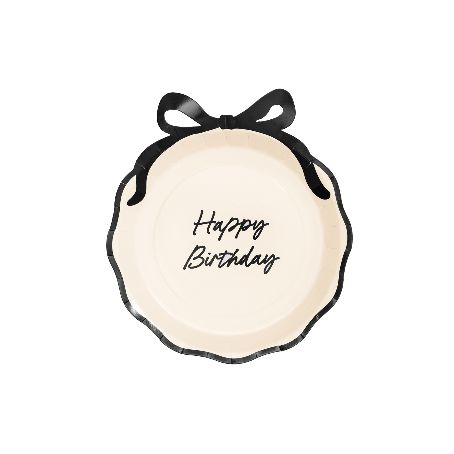 Cream paper plate with scalloped edges, black bow detail, and “Happy Birthday” script.