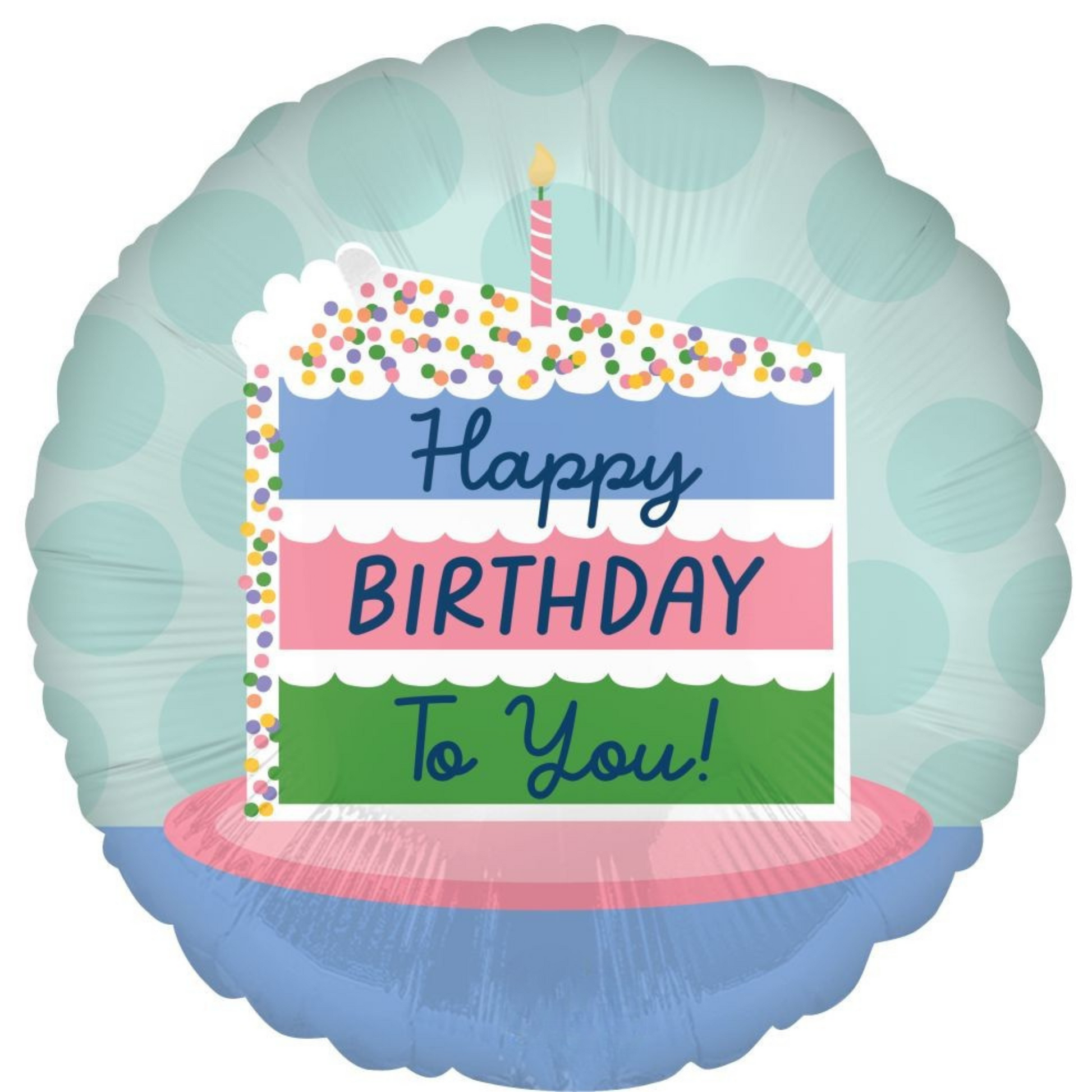 Happy Birthday cake foil balloon with pastel colours, sprinkles, and candle, available at Toronto party shop.”