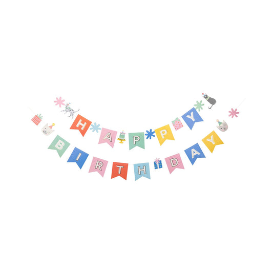 happy birthday cat banner with cat icons and colourful paper pennants 