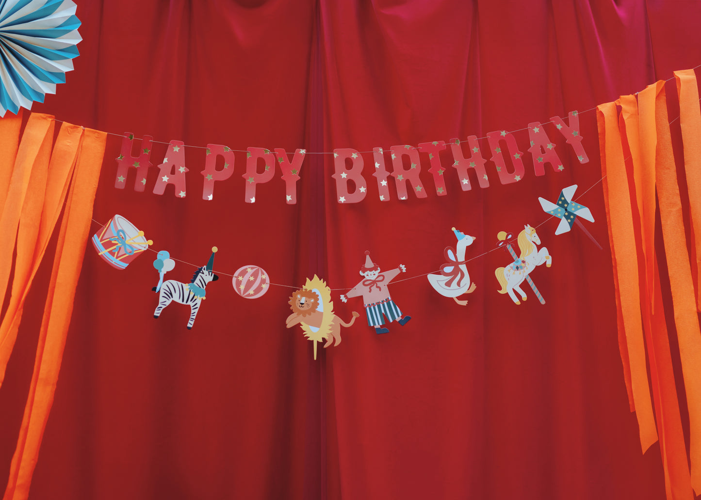 circus happy birthday hanging banner close up 
