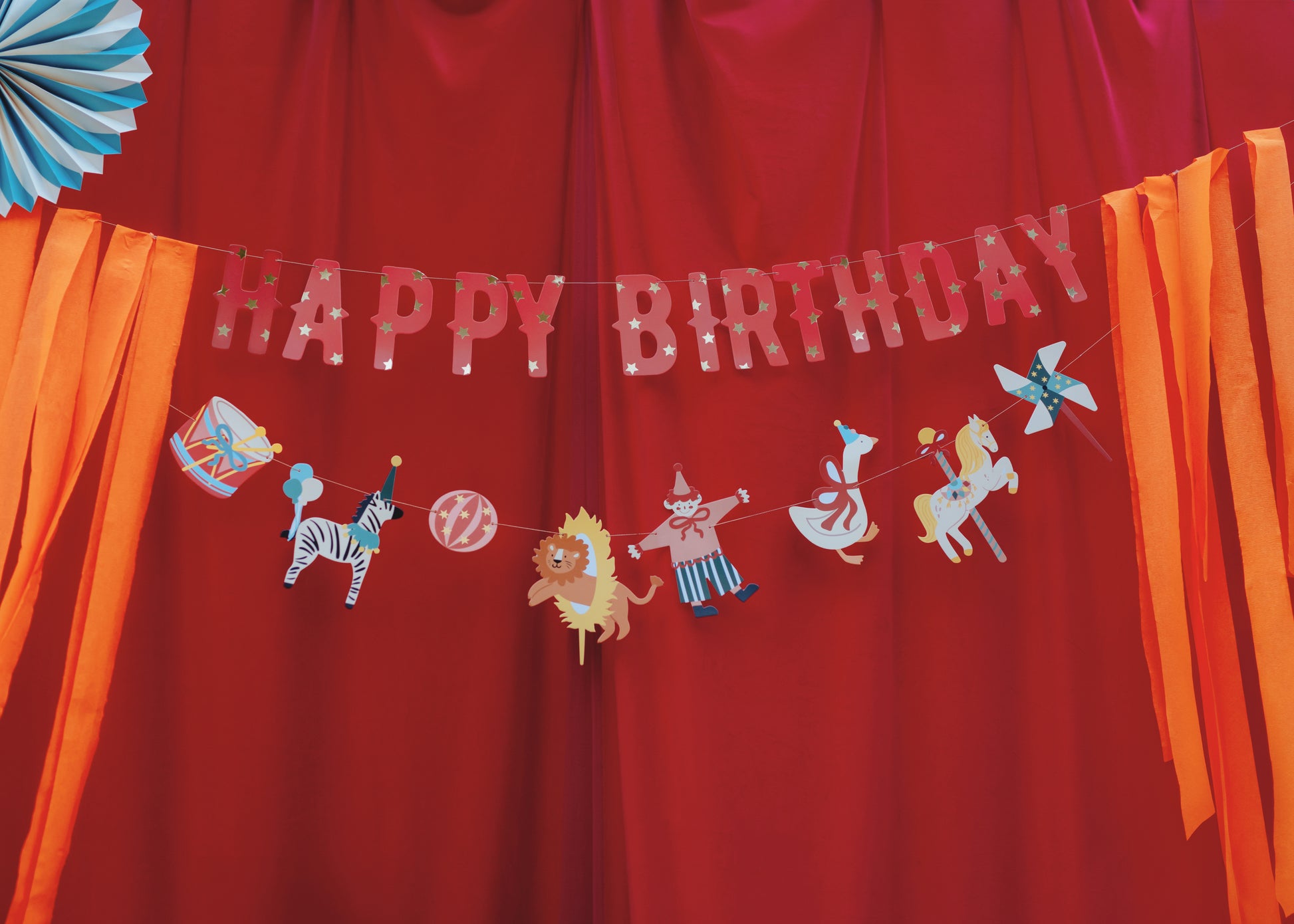 circus happy birthday hanging banner close up 