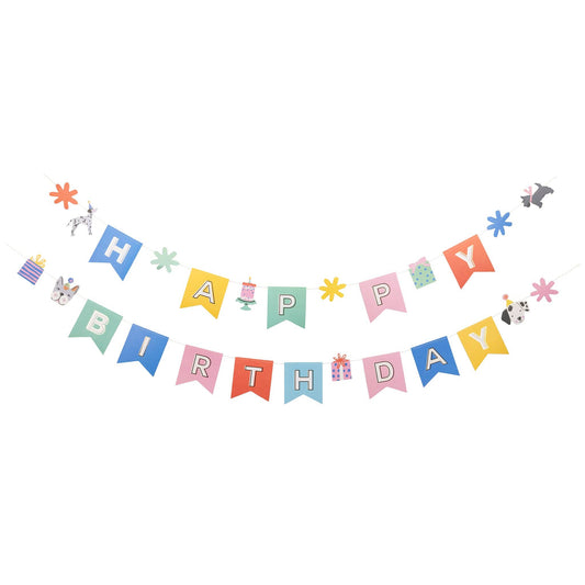 happy birthday dog icon banner with colourful pennants 