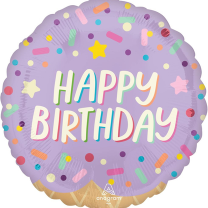 double sided happy birthday ice cream sprinkles foil balloon in purple and mint 
