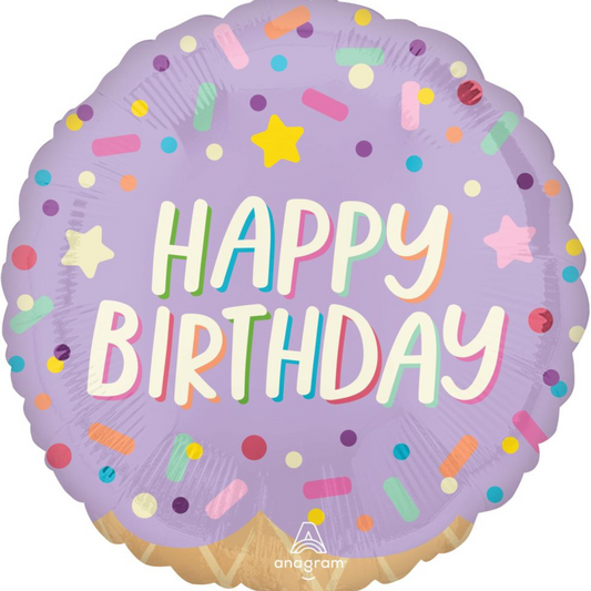 double sided happy birthday ice cream sprinkles foil balloon in purple and mint 