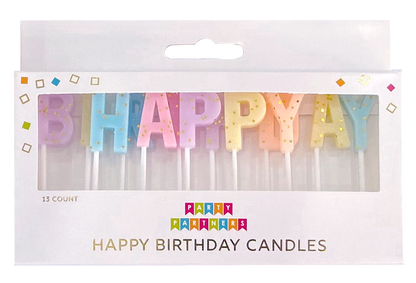 Pack of 13 'Happy Birthday' letter candles in pastel colors with gold confetti, in a white cardboard package with a clear window.