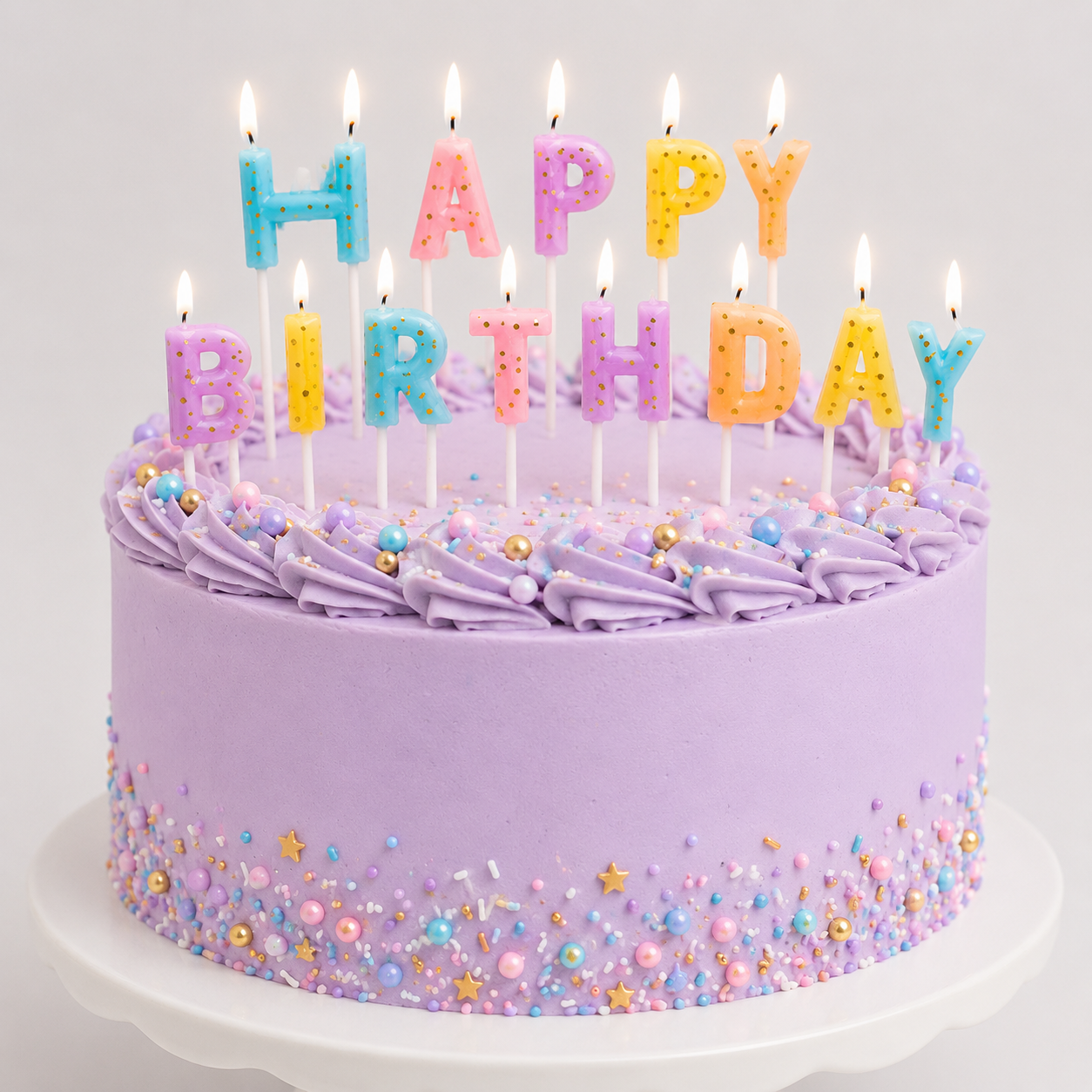 A round birthday cake with light purple frosting, piped swirls around the top, and colorful letter candles spelling HAPPY BIRTHDAY on top. The cake is decorated with pastel sprinkles and sits on a white cake stand against a light gray background.