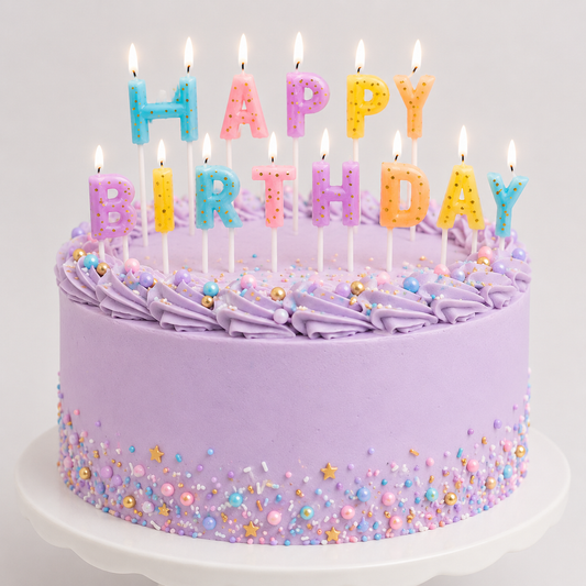 A round birthday cake with light purple frosting, piped swirls around the top, and colorful letter candles spelling HAPPY BIRTHDAY on top. The cake is decorated with pastel sprinkles and sits on a white cake stand against a light gray background.