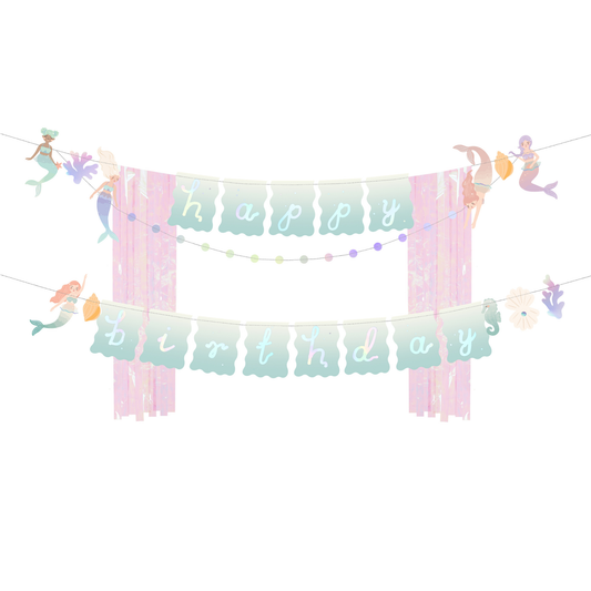 Mermaid Happy Birthday banner in pastel colours with sea-themed characters, available in Toronto at Confetti My Party. Ships across Canada.