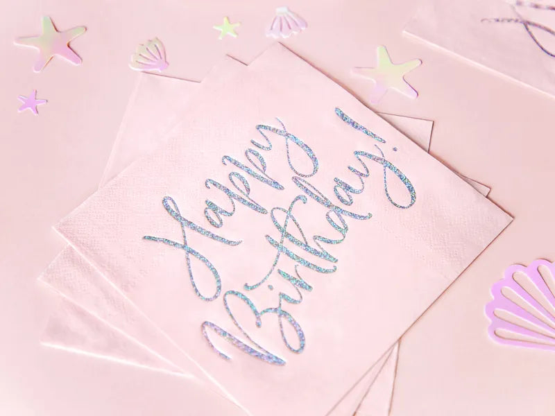 pink napkins with silver holographic happy birthday message