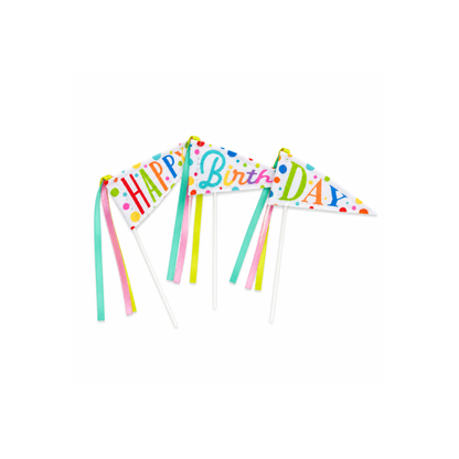 Three small triangular birthday cake toppers on white sticks, decorated with colorful confetti and streamers, reading 'Happy Birthday' on a white background.