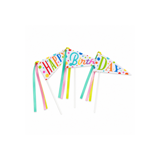 Three small triangular birthday cake toppers on white sticks, decorated with colorful confetti and streamers, reading 'Happy Birthday' on a white background.