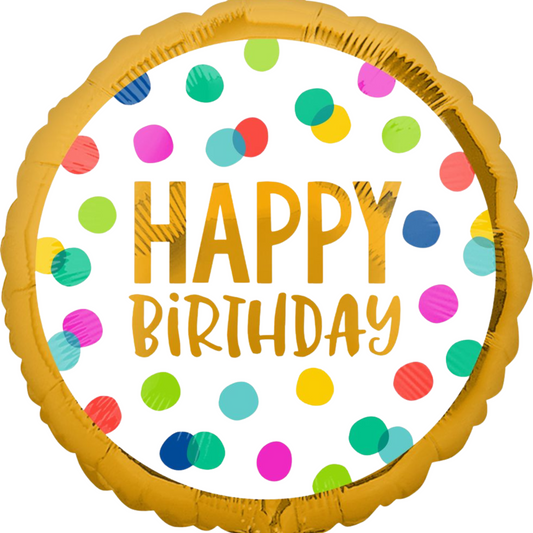 Happy Birthday foil balloon with gold lettering and colourful polka dots, available at Toronto party shop Confetti My Party.